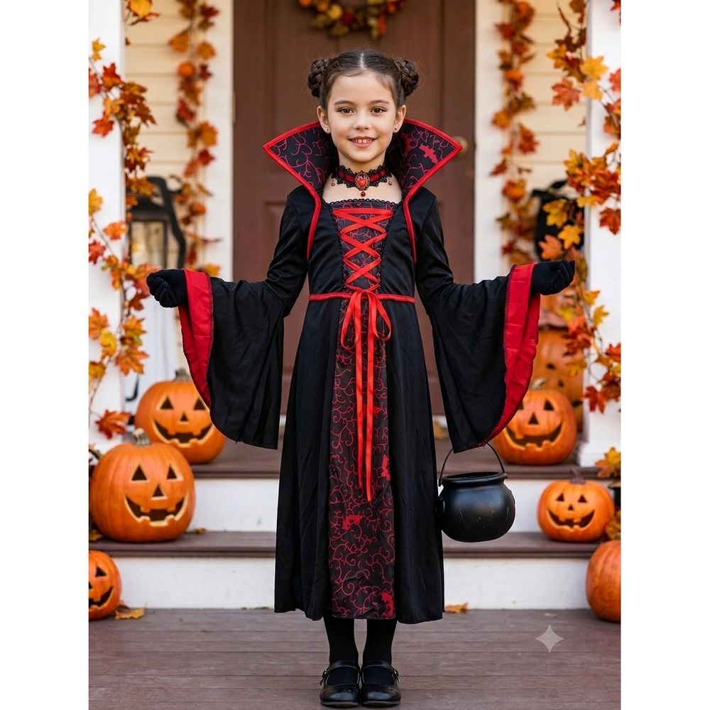 Girl Kids Vampire Costume Black Red Gothic‎ Dress Choker Set Size S NWT